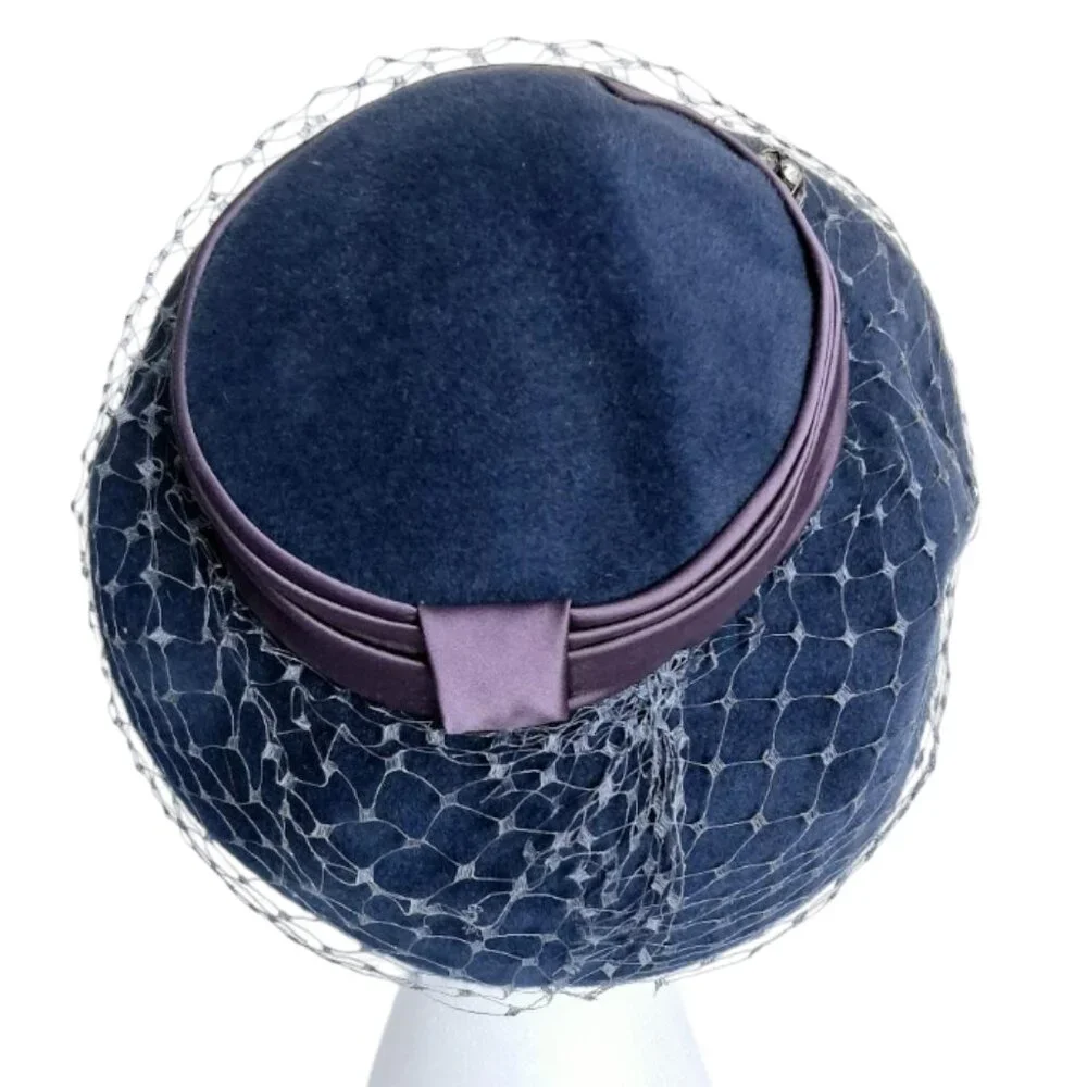 1950s Genuine Velour Imported Fur Blue w/Purple Ribbon Trim Pillbox Hat